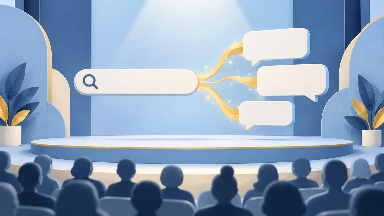 On a spotlit conference stage, a search bar branches into three chat answer bubbles as an audience watches in silhouette.