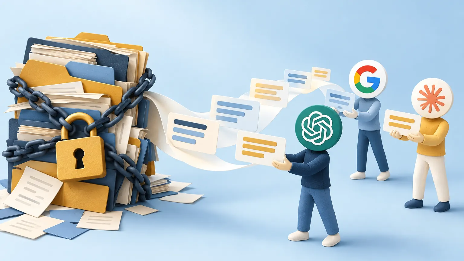 A chained, padlocked stack of folders releases a ribbon of simple text cards toward figures with ChatGPT, Google and Claude icons as heads.
