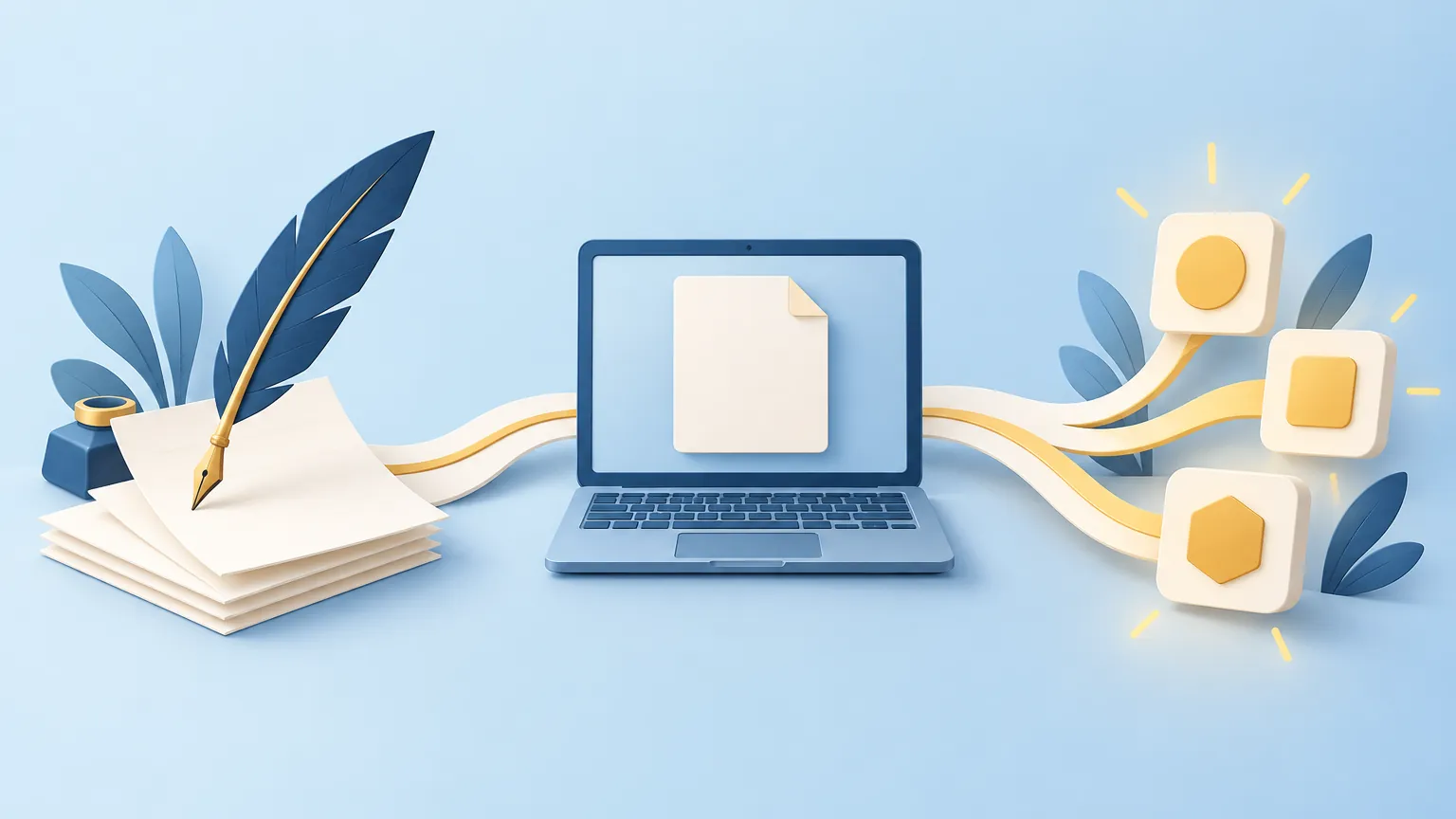Una cinta va de una pluma y papel a una laptop con un documento, y luego se divide en tres pequeñas fichas doradas que brillan.
