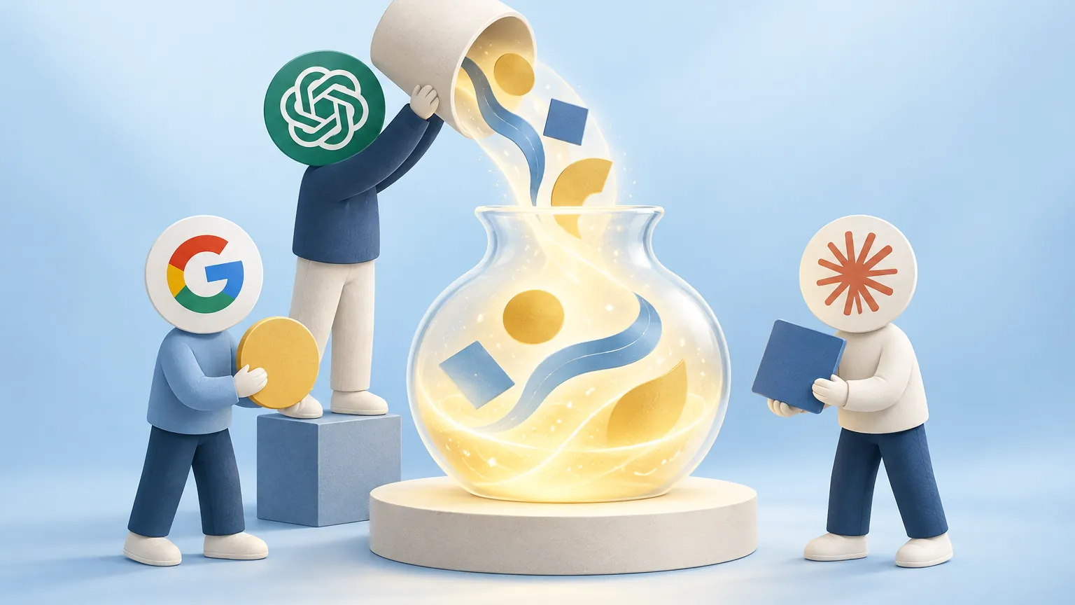 Figures with ChatGPT, Google and Claude icons as heads fill a glowing glass jar with brand shapes: gold discs, blue squares and a ribbon.
