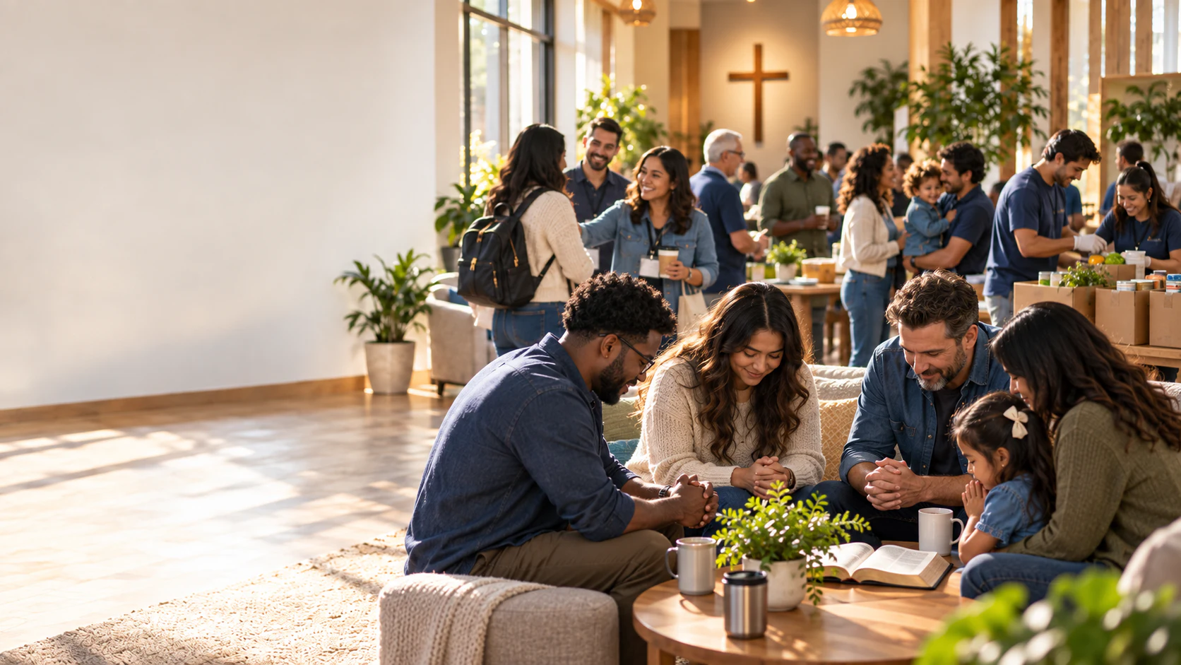 People sharing, praying and serving together at their church.