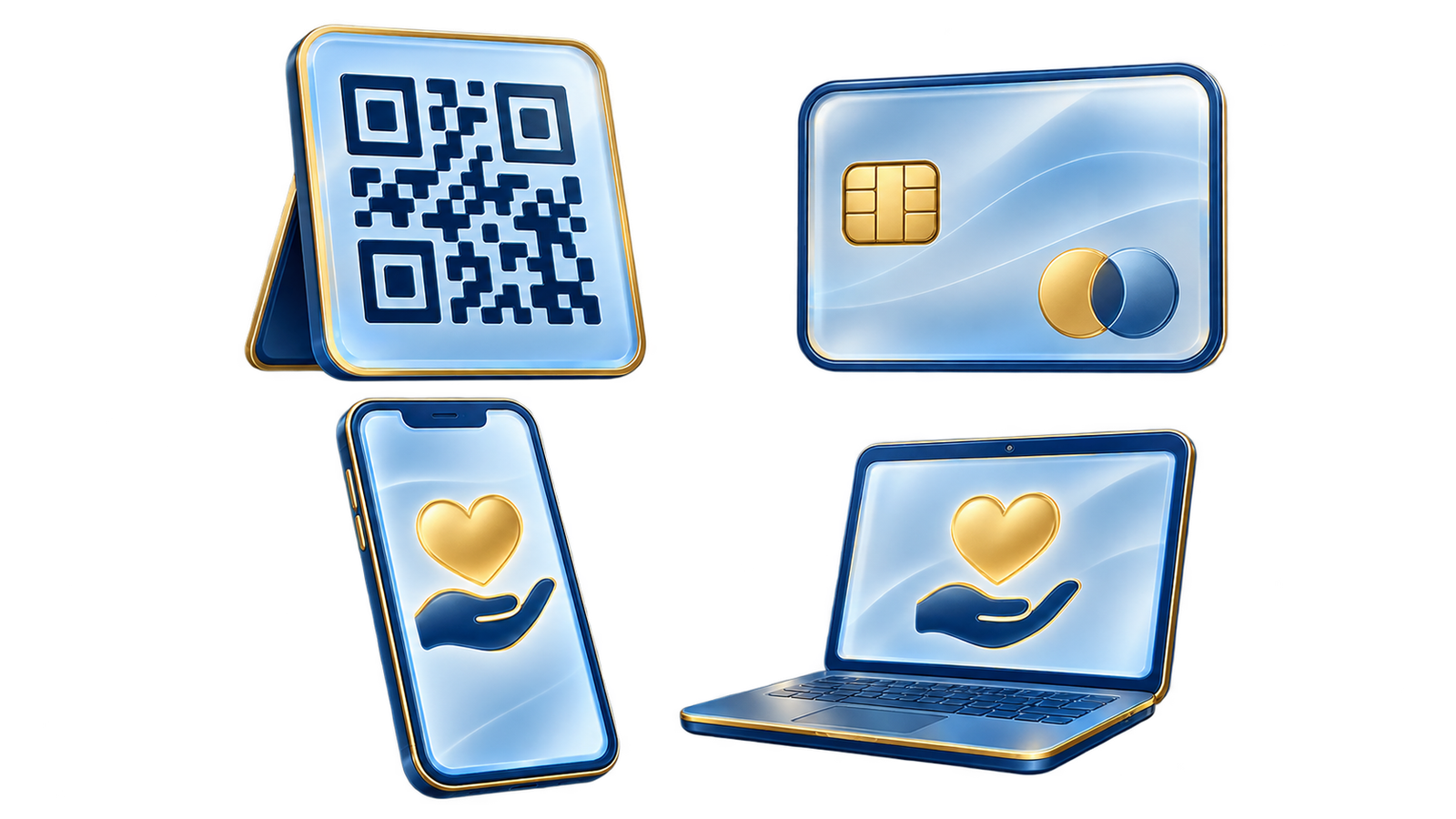 QR code, credit card, smartphone and computer.