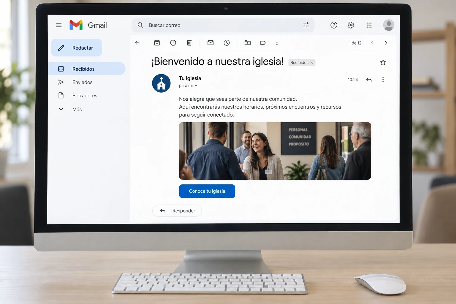 Computadora con Gmail mostrando un correo de bienvenida a la iglesia.