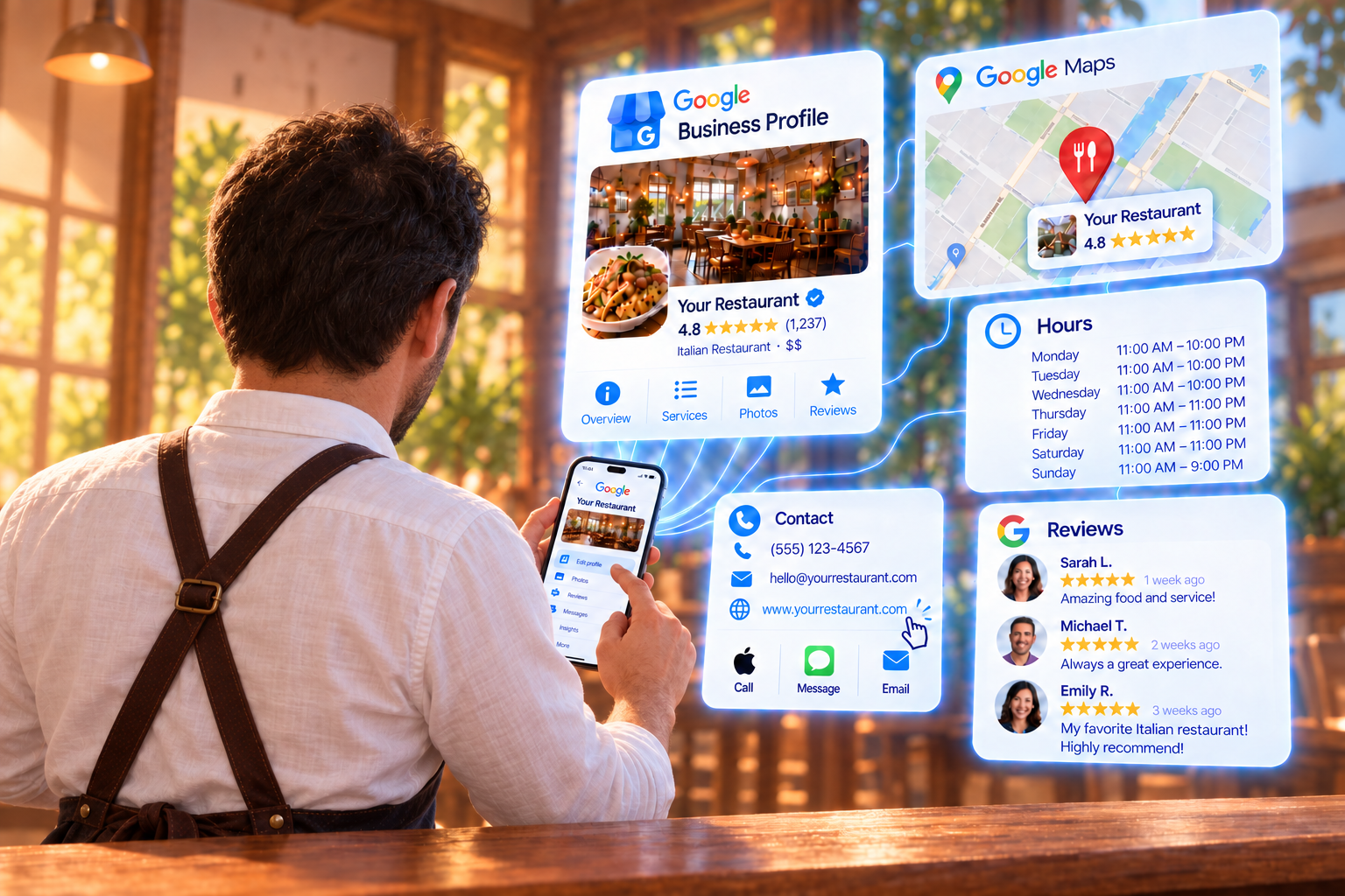 Concept illustration of Google Business Profile and Maps, with sample hours, contact, and review panels.