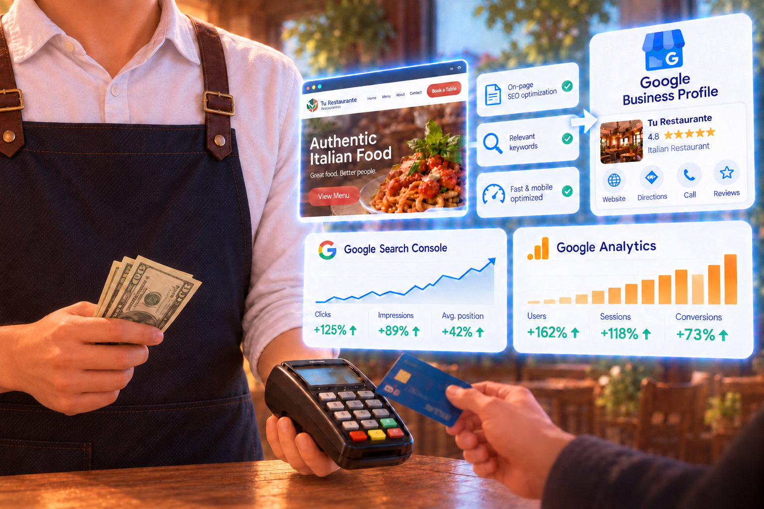 Illustrative SEO, Google Business Profile, Search Console, and Analytics panels with example figures.