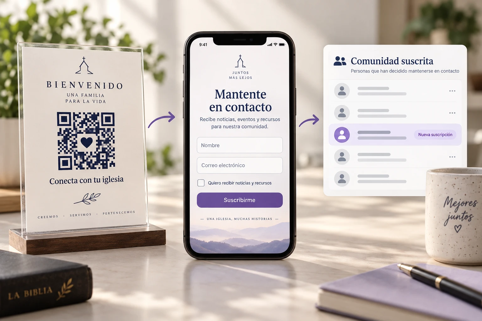 Un QR lleva a un formulario de suscripción y agrega a la persona a la lista de correos con su consentimiento.