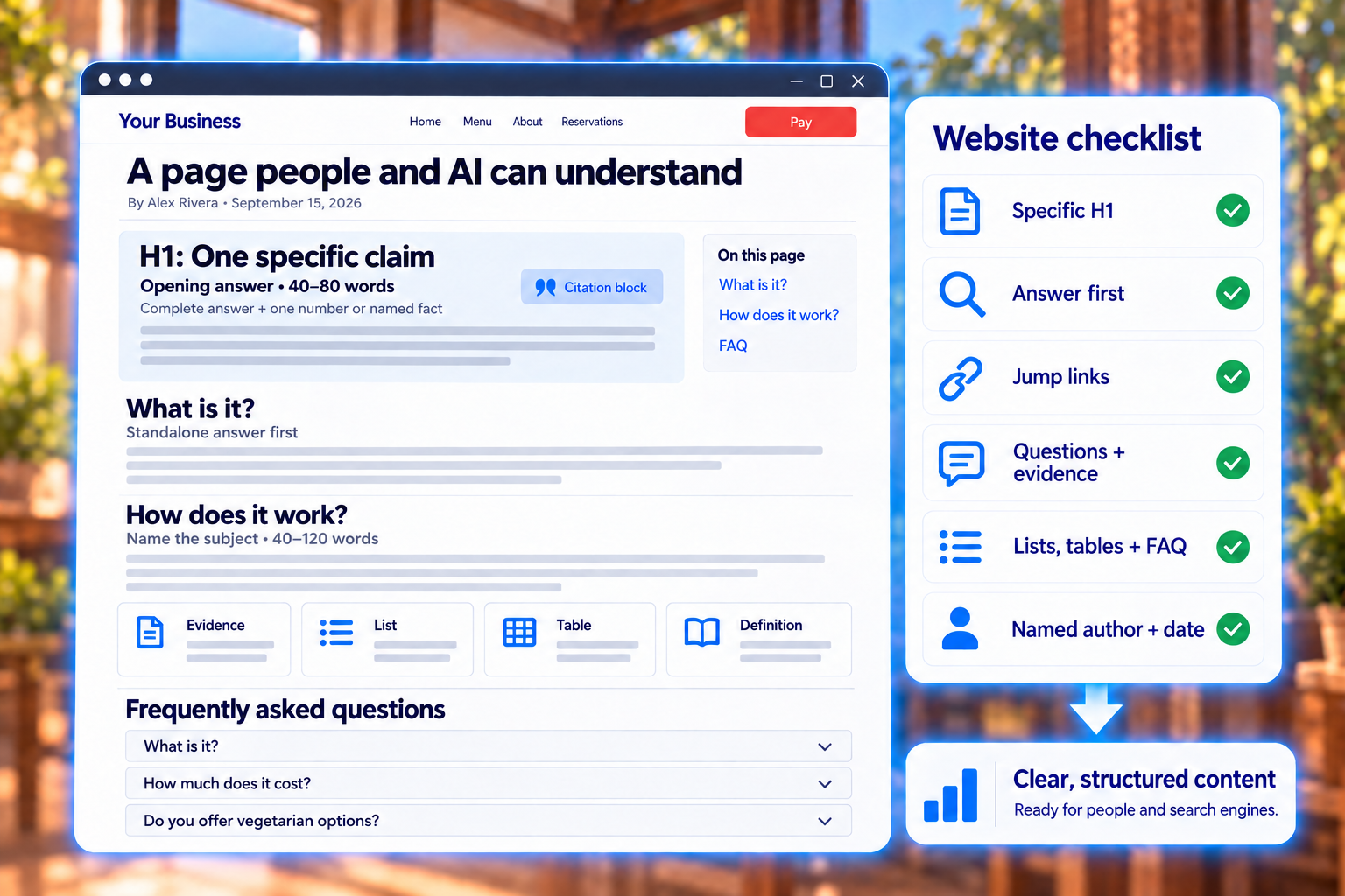 Illustrative website structure with a specific H1, clear answers, jump links, evidence, and FAQs.