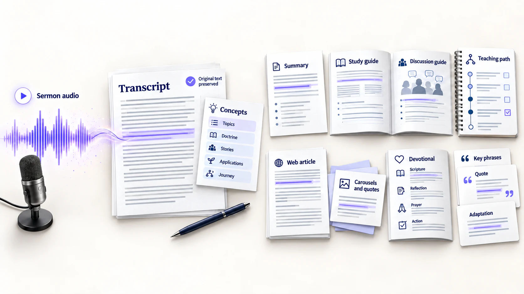 An audio recording becomes a transcript, concepts, a summary, guides, articles, devotionals, carousels and quotes.