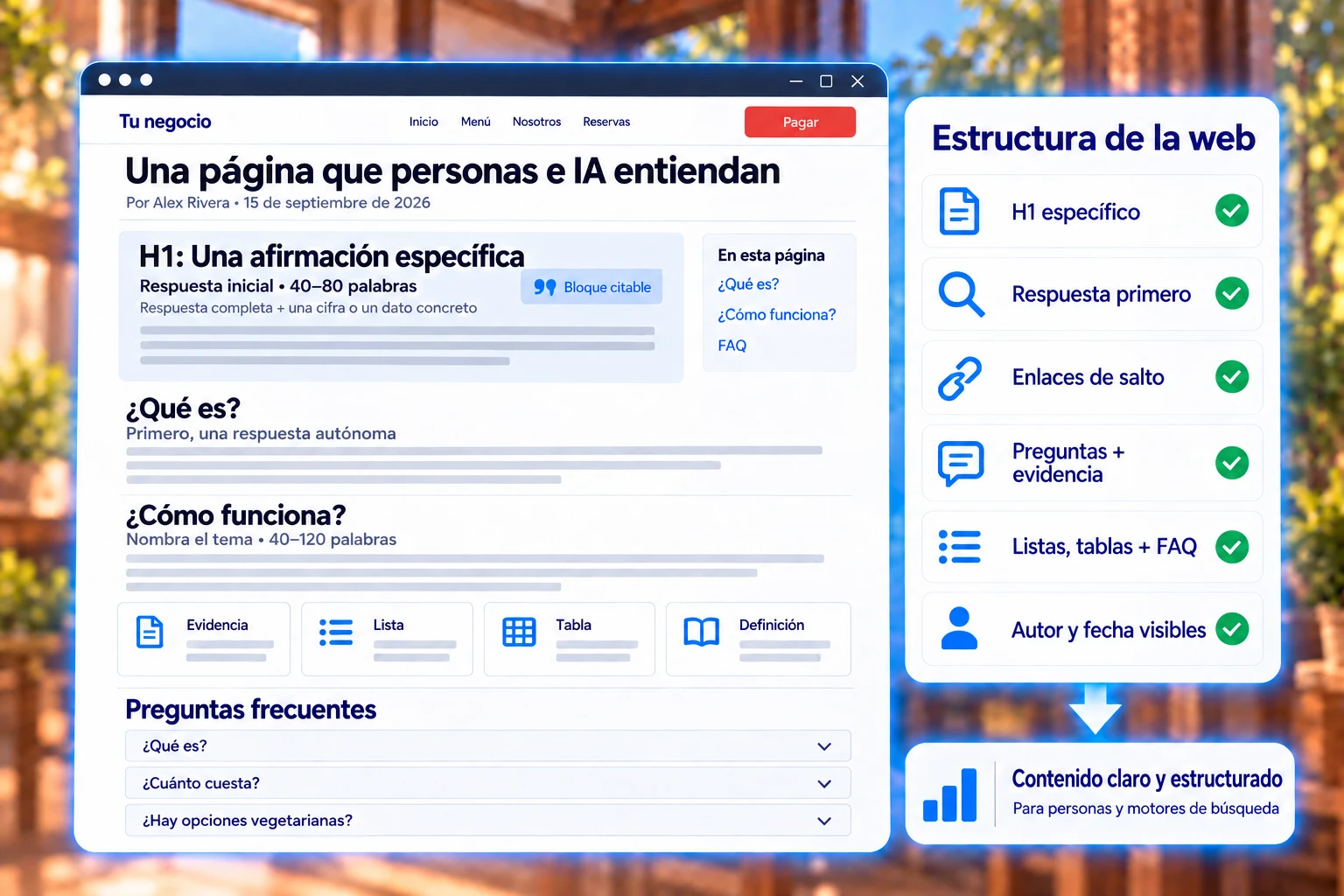 Ejemplo de una web estructurada con H1 específico, respuestas claras, enlaces de salto, evidencia y preguntas frecuentes.