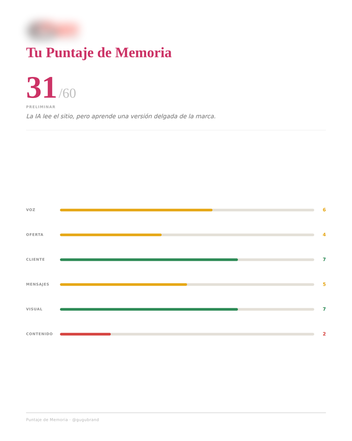 Puntaje de Memoria real entregado a una marca, anonimizado — puntaje total y las seis áreas.