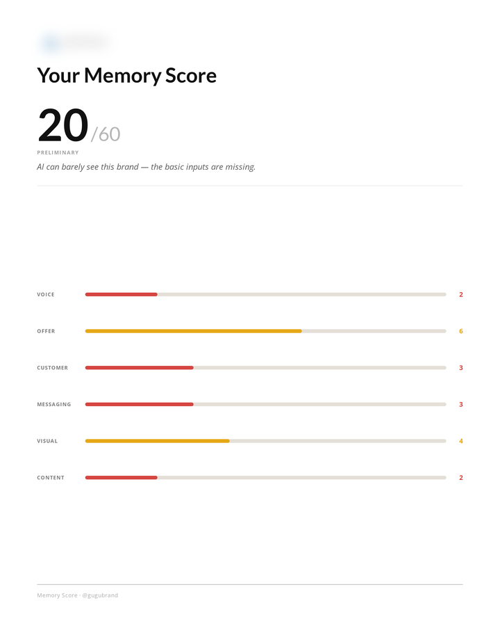 Real Memory Score delivered to a brand, anonymized — total score and the six areas.