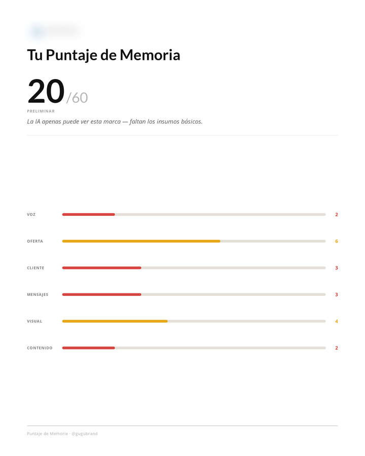Puntaje de Memoria real entregado a una marca, anonimizado — puntaje total y las seis áreas.