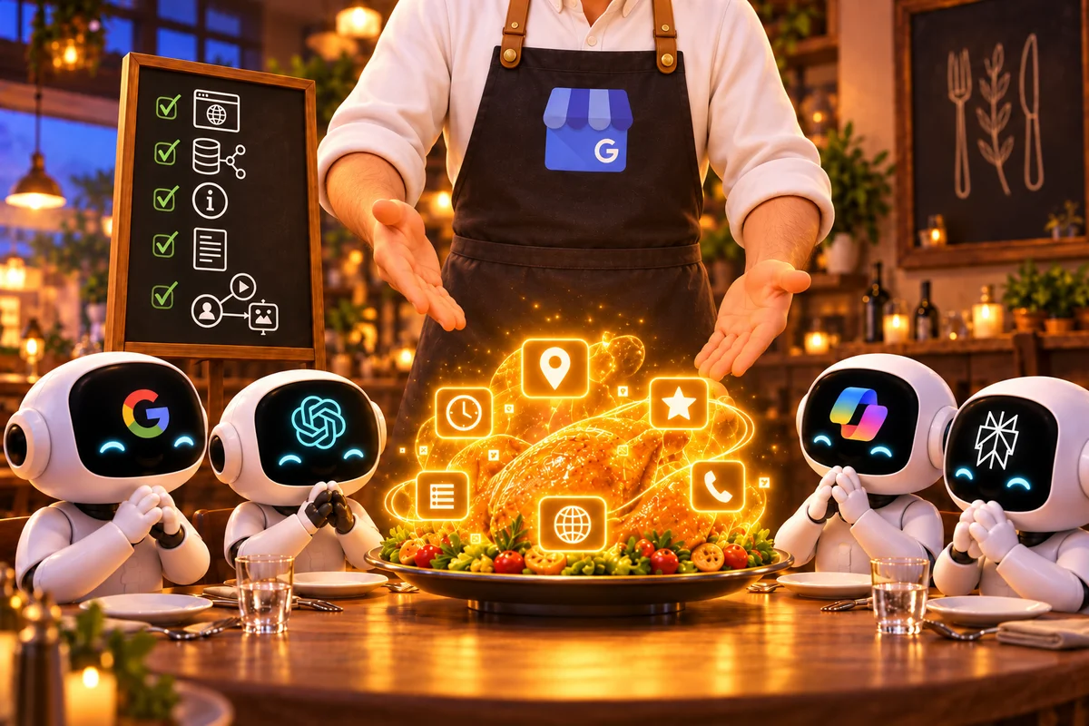 Un restaurador presenta información de su negocio como un plato de datos luminosos a varios asistentes de IA.