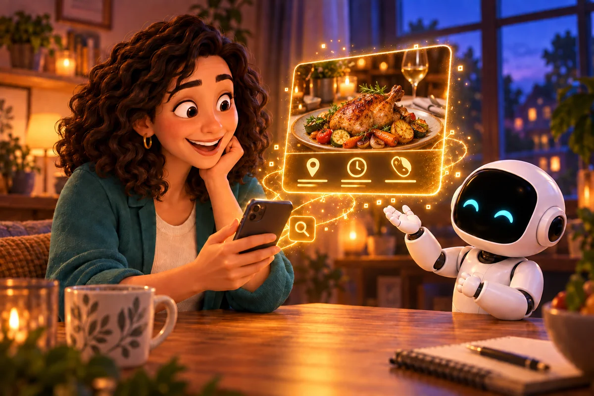Una clienta descubre el restaurante desde su teléfono con ayuda de un asistente de IA.