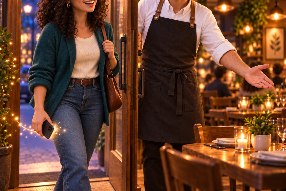 La clienta llega al restaurante y el dueño la recibe en la puerta.