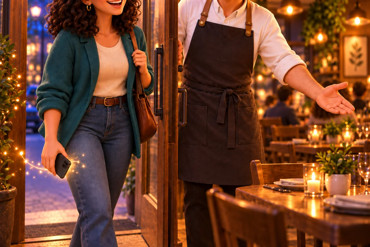 La clienta llega al restaurante y el dueño la recibe en la puerta.